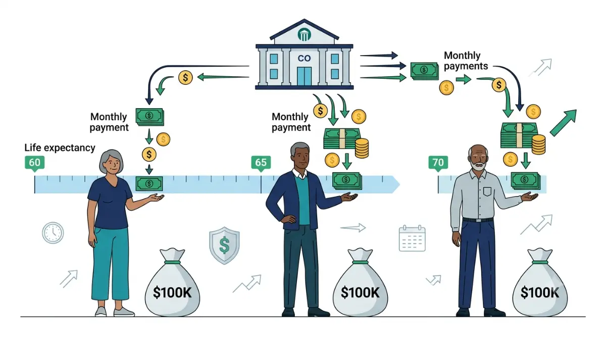 Best Age to Buy an Annuity showing how annuity payouts increase at ages 60, 65, and 70 because of shorter life expectancy.
