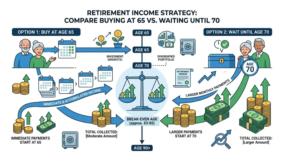 Best Age to Buy an Annuity comparing buying at age 65 versus waiting until age 70 with a break-even timeline illustration.