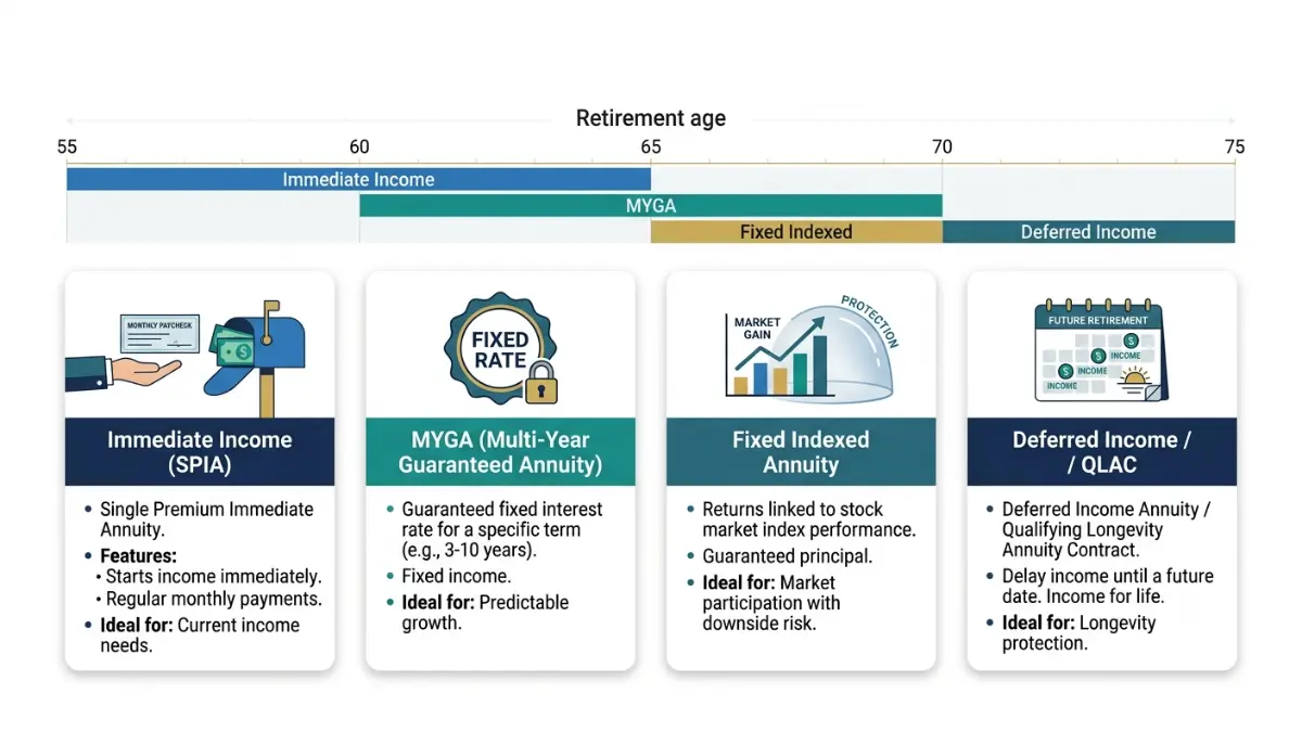 Best Age to Buy an Annuity explained through SPIA, MYGA, indexed annuity, and deferred income product comparison.