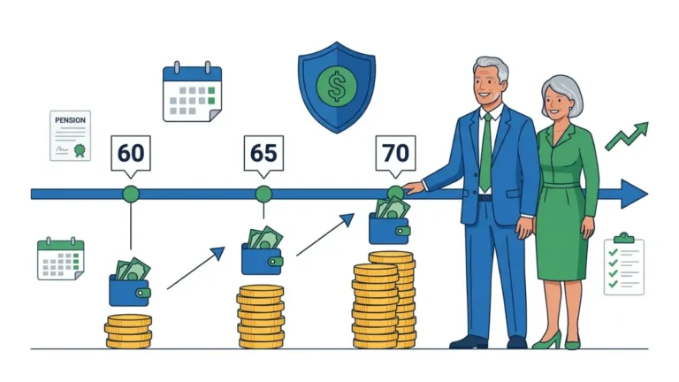 Best Age to Buy an Annuity illustrated with a retirement timeline comparing ages 60, 65, and 70 for guaranteed lifetime income planning.