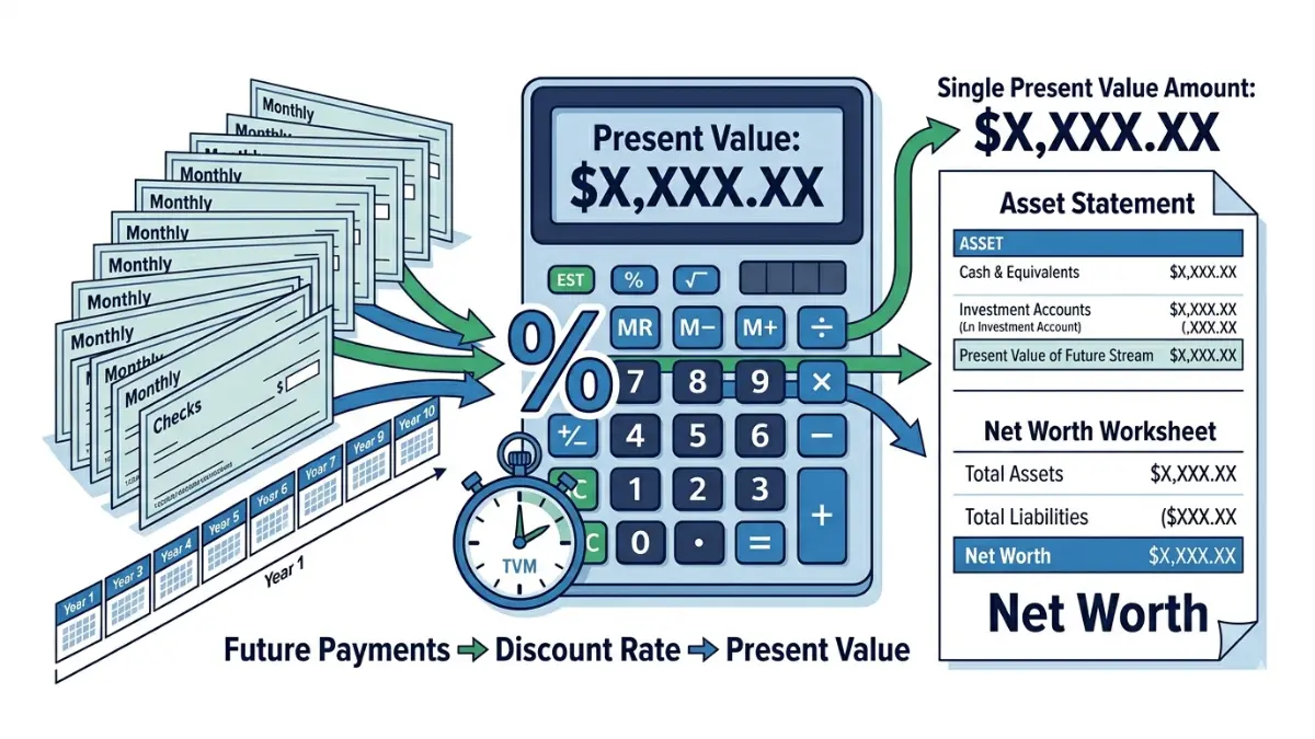 Present value calculation of structured settlement payments for accurate net worth reporting and asset valuation