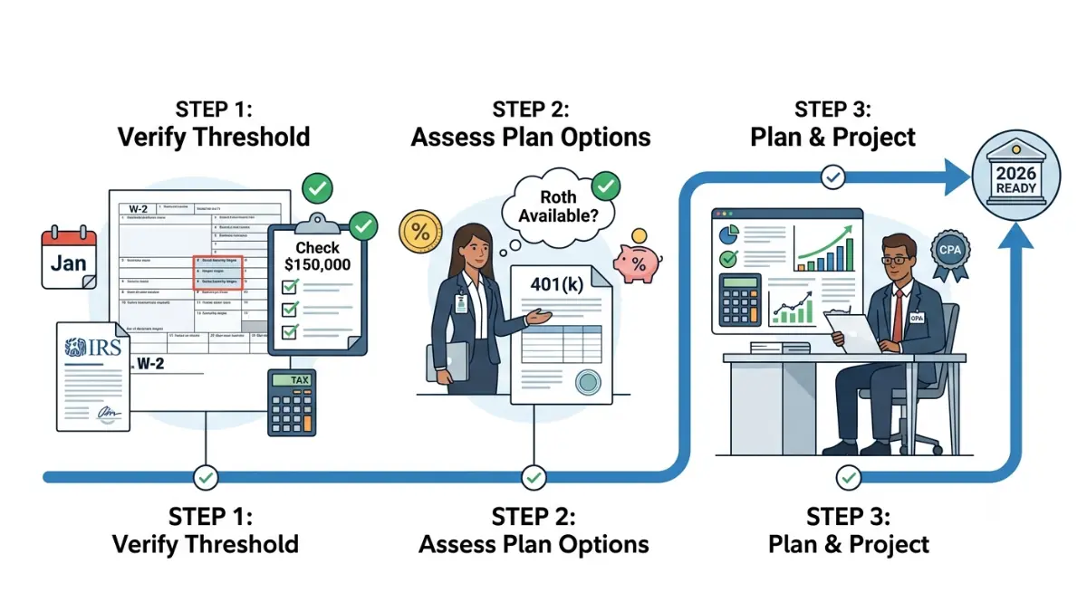 Catch-Up action checklist showing the three important steps to prepare for the 2026 Roth catch-up contribution requirement.