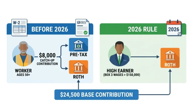 Catch-Up contribution rule comparison showing how high earners must make Roth catch-up contributions in 2026 while regular 401(k) contributions can still be pre-tax.
