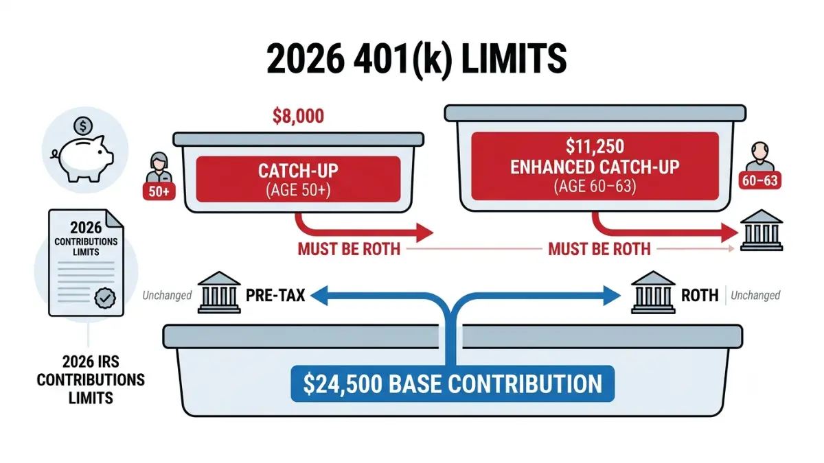 Catch-Up contribution limits infographic comparing the 2026 base 401(k) contribution with Roth catch-up limits for workers age 50 and older.