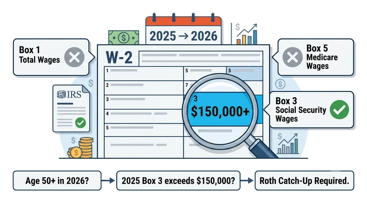 Catch-Up eligibility illustration highlighting the 2025 W-2 Box 3 Social Security wages and the $150,000 threshold used to determine Roth catch-up requirements.