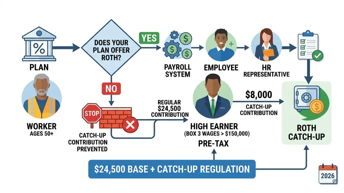 Catch-Up decision flow illustrating what happens when a 401(k) plan does not offer a Roth contribution option for eligible high earners.