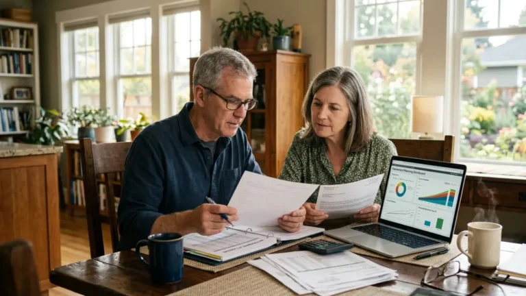 Deferred Annuity retirement planning discussion between a pre-retiree couple reviewing long-term income options at home