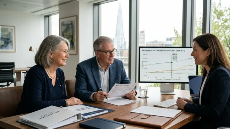 deferred income annuity consultation between a retired couple and financial advisor discussing future guaranteed retirement income