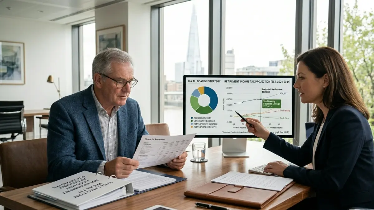 deferred income annuity and QLAC retirement tax planning discussion with financial advisor reviewing IRA and RMD strategies