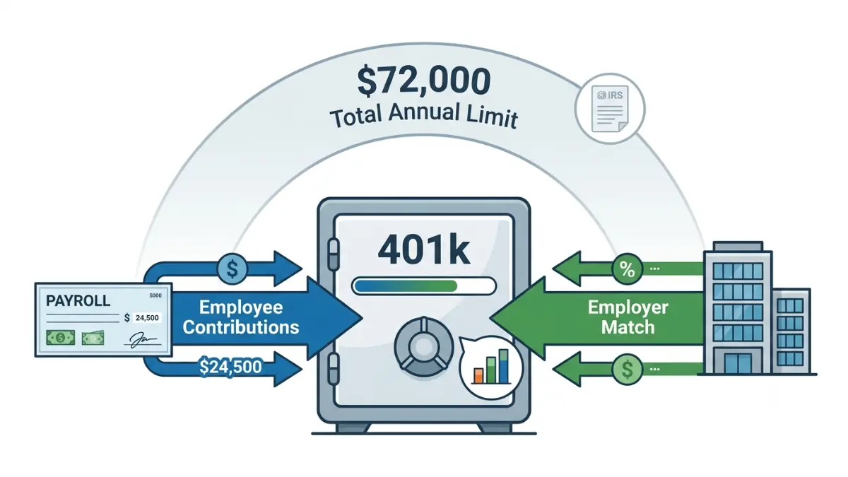 401(k) contribution Limits showing the difference between employee salary deferrals, employer matching contributions, and the overall annual contribution limit.