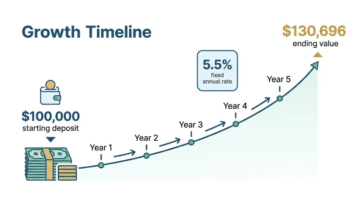 Fixed Annuity compound growth illustration showing a $100,000 investment growing over five years at a guaranteed rate