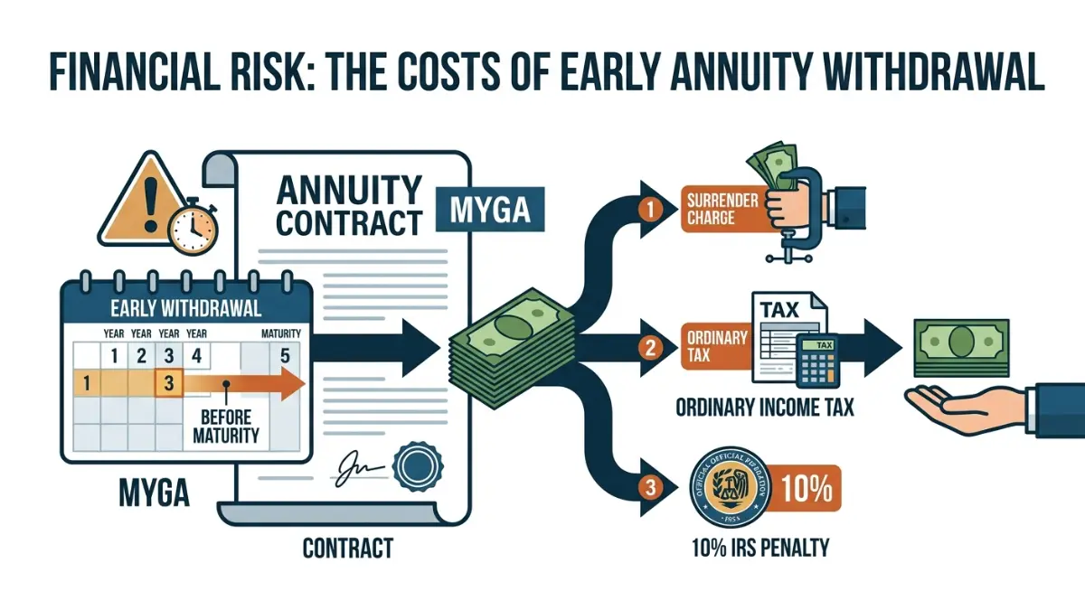 Fixed Annuity illustration showing surrender charges, taxes, and IRS penalties for early withdrawals