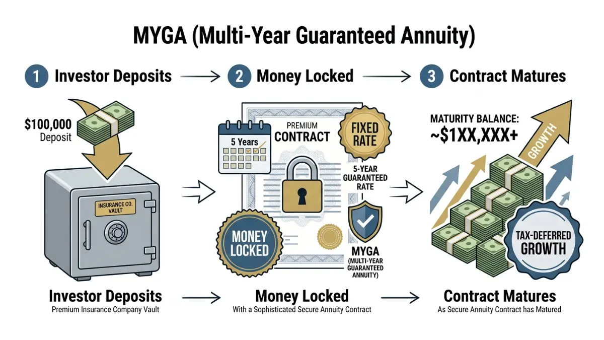 Fixed Annuity step-by-step illustration showing deposit, guaranteed growth period, and contract maturity