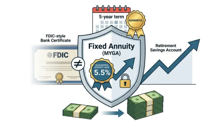 Fixed Annuity illustration showing a MYGA contract with guaranteed interest growth, tax-deferred earnings, and principal protection