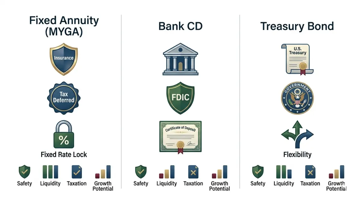 Fixed Annuity comparison illustration showing differences between a fixed annuity, bank CD, and Treasury bond