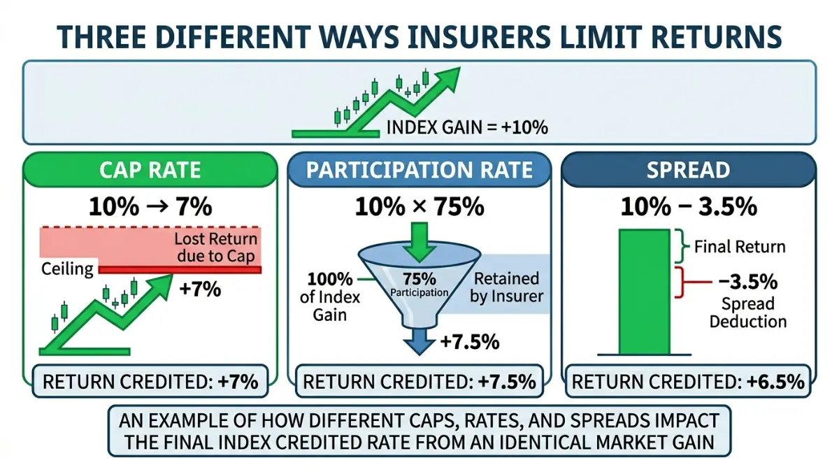 fixed indexed annuity comparison of cap rate participation rate and spread on a 10 percent market gain