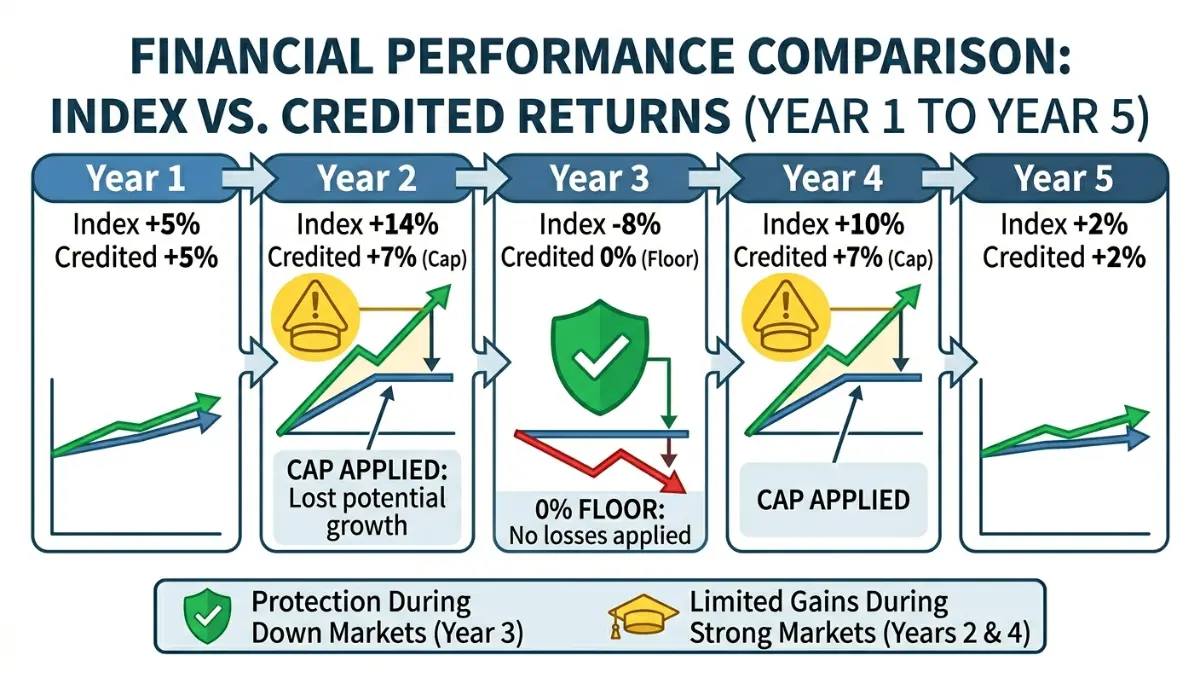 fixed indexed annuity five year performance example showing floor protection and capped gains