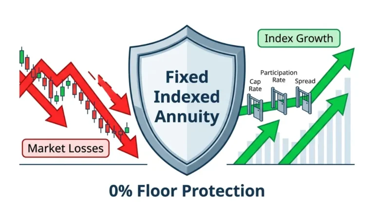 fixed indexed annuity illustration showing principal protection, 0% floor, cap rate, participation rate and limited market-linked growth