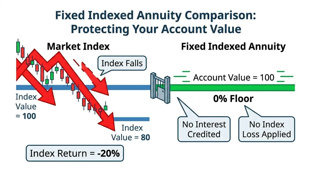 fixed indexed annuity 0% floor protection illustration showing how market losses do not reduce contract value