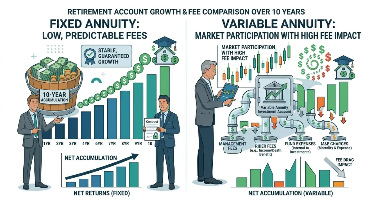 Fixed vs. Variable Annuity 10-year growth comparison illustrating compound growth, fees, and retirement account value