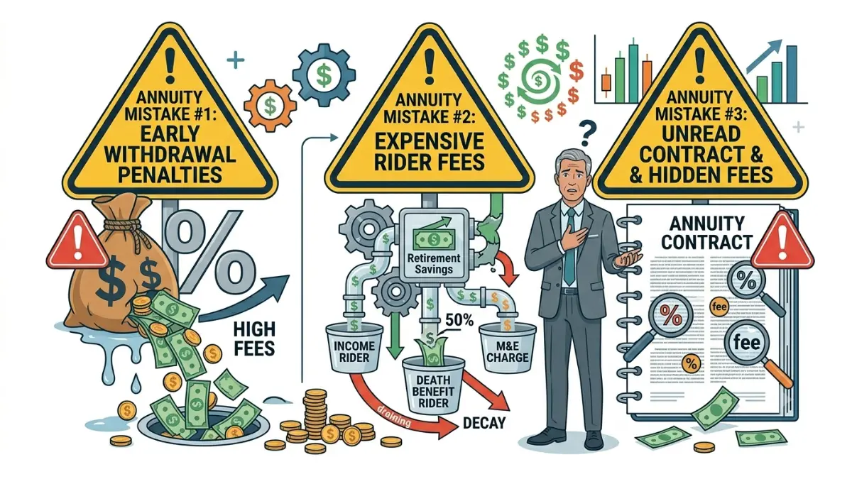 Fixed vs. Variable Annuity common mistakes including surrender charges, unnecessary riders, and hidden costs