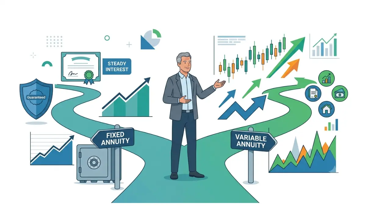 Fixed vs. Variable Annuity comparison showing guaranteed income protection versus market growth potential for retirement planning