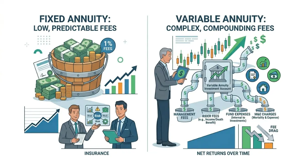 Fixed vs. Variable Annuity fees and costs comparison illustrating low-cost guarantees versus layered investment expenses
