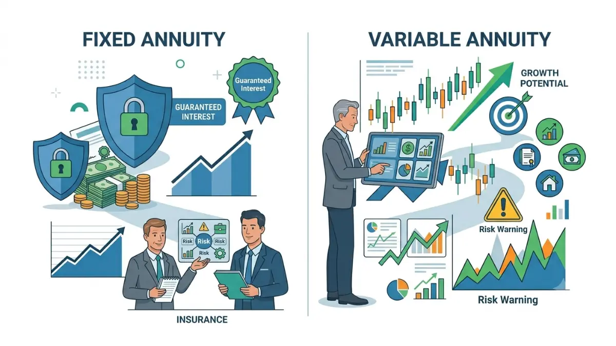 Fixed vs. Variable Annuity risk comparison showing insurer-backed protection versus investor-managed market risk