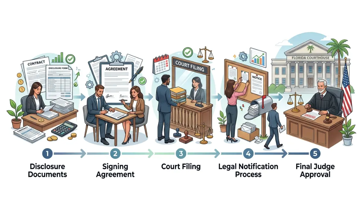 Florida Structured Settlement court approval timeline showing disclosure agreement filing notice requirements and judge authorization process