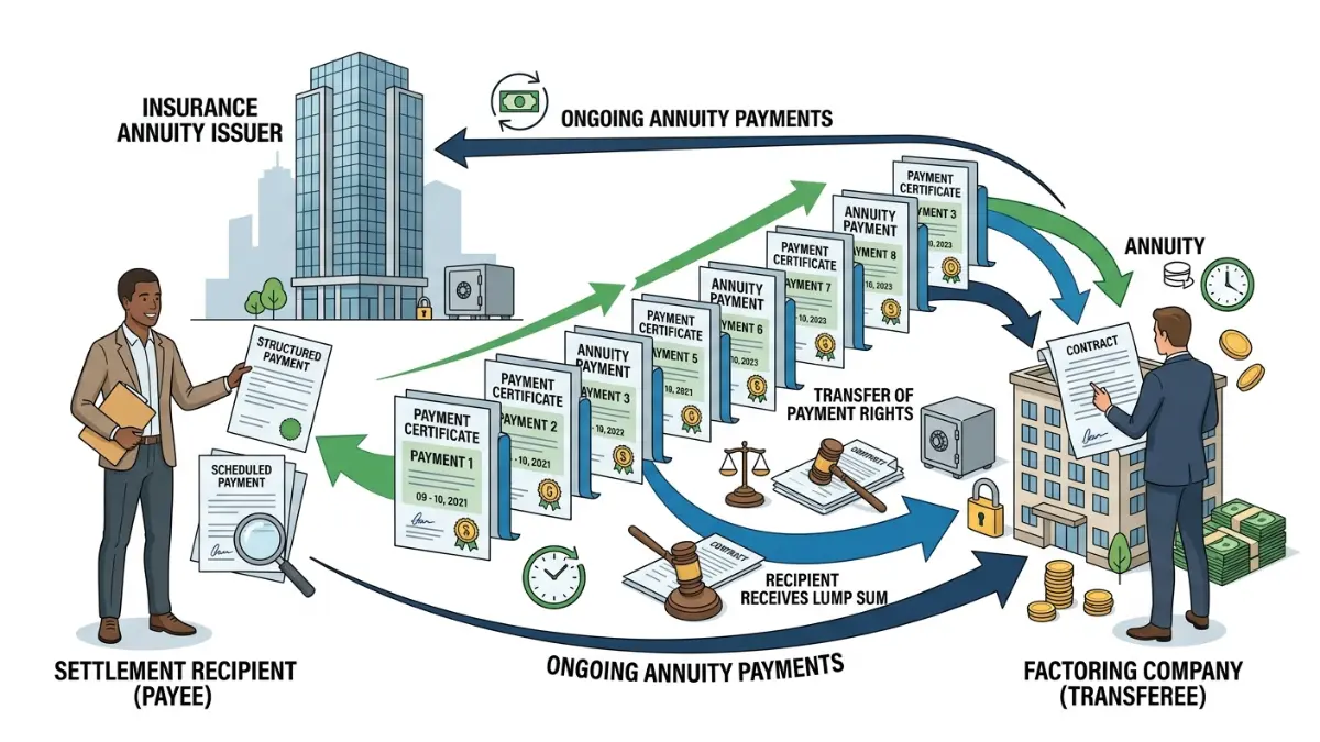 Florida Structured Settlement transaction showing the payee, factoring company transferee, and annuity issuer involved in the transfer process