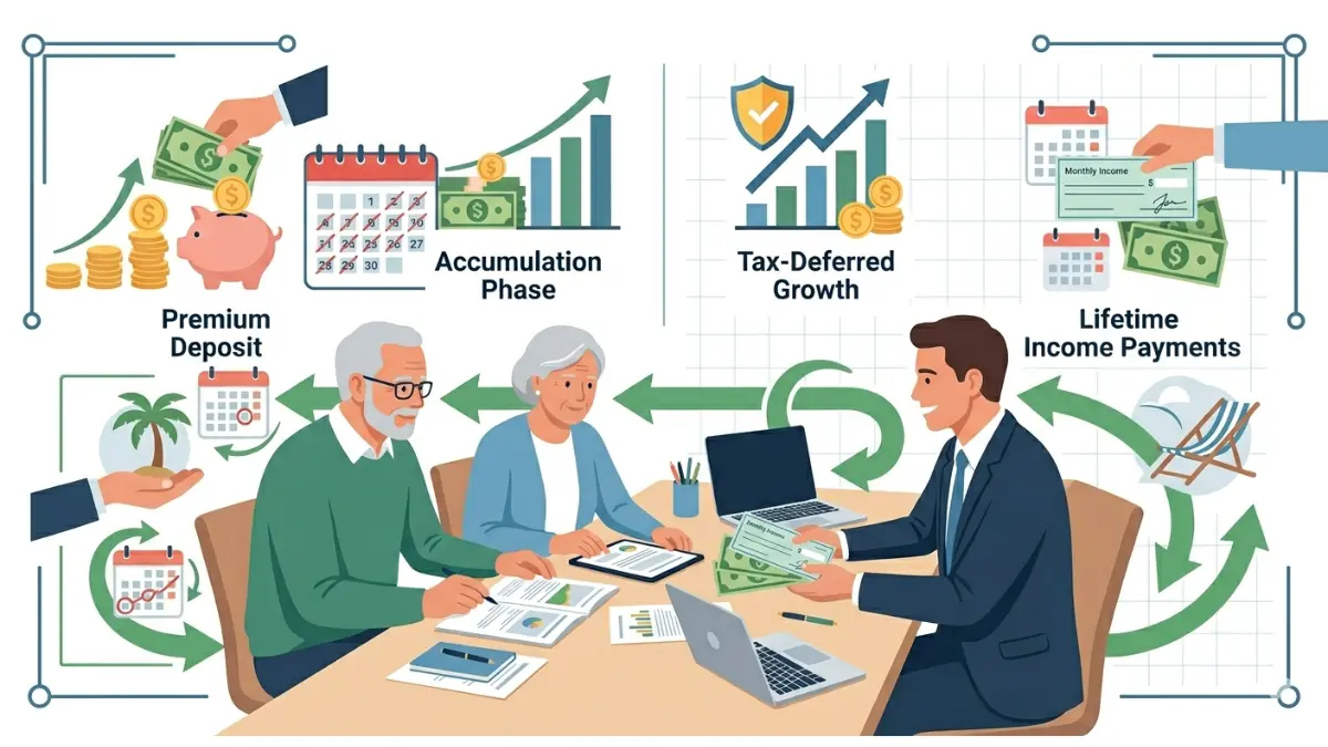 How Annuities Work during the accumulation phase and payout phase with tax-deferred growth and retirement income illustrated