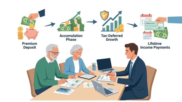 How Annuities Work through premium deposits, tax-deferred growth, and lifetime income payments illustrated in a retirement planning lifecycle