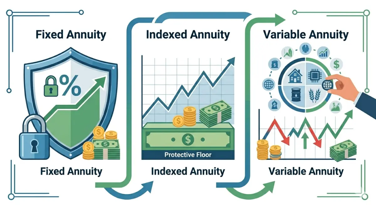 How Annuities Work across fixed, indexed, and variable annuity products with different levels of growth potential and risk