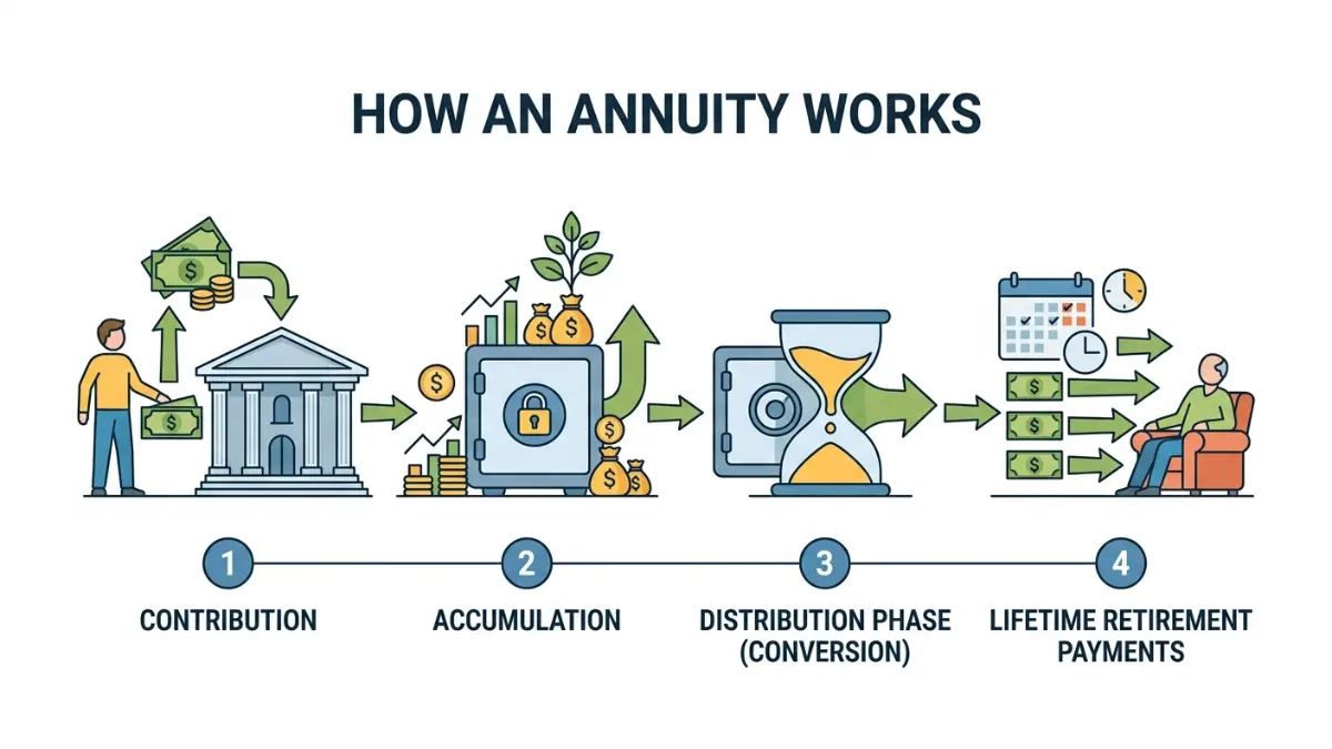 annuity process illustration showing the accumulation phase, growth period, annuitization, and lifetime income payments