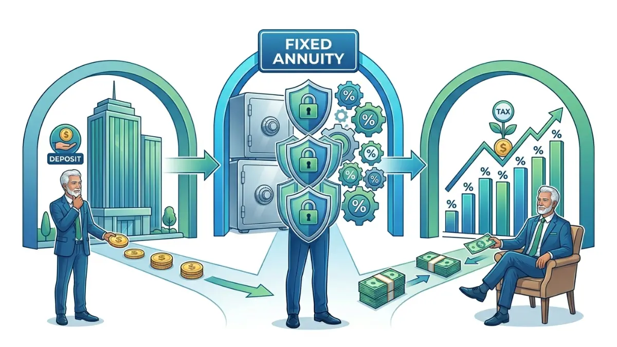 Types of annuities example showing how a fixed annuity provides guaranteed growth and predictable retirement income