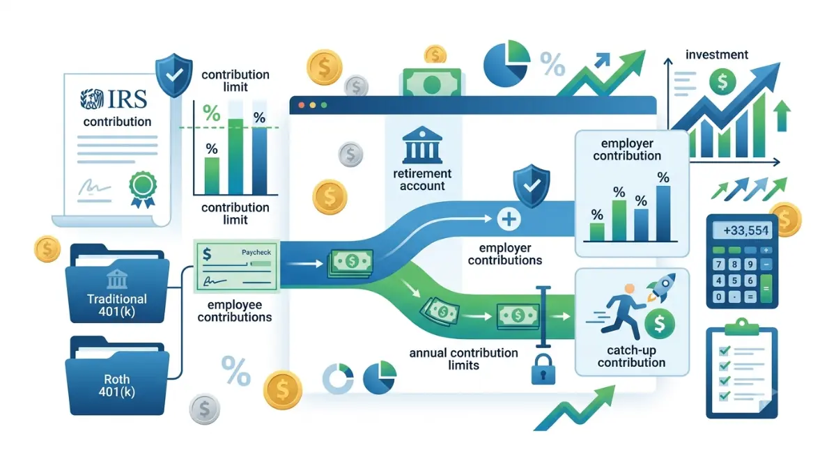 How Much to Contribute illustration explaining 2026 401(k) contribution limits, employee contributions, employer contributions, and retirement planning on a white background.