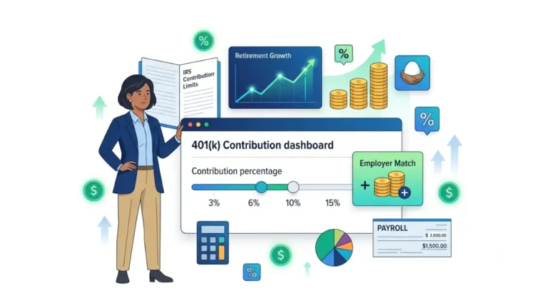 How Much to Contribute to a 401(k) illustrated with contribution percentage, employer match, retirement savings growth, paycheck deductions, and IRS contribution planning on a white background.