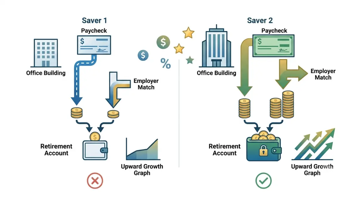 How Much to Contribute illustration showing full employer match, retirement account growth, paycheck contributions, and matching contributions on a white background.