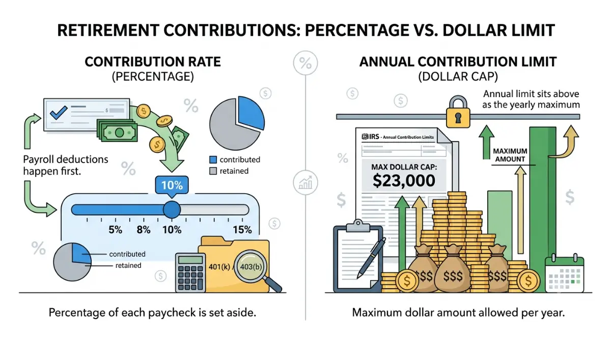 How Much to Contribute comparison showing 401(k) contribution percentage versus the annual IRS contribution limit using payroll deductions and retirement planning graphics.