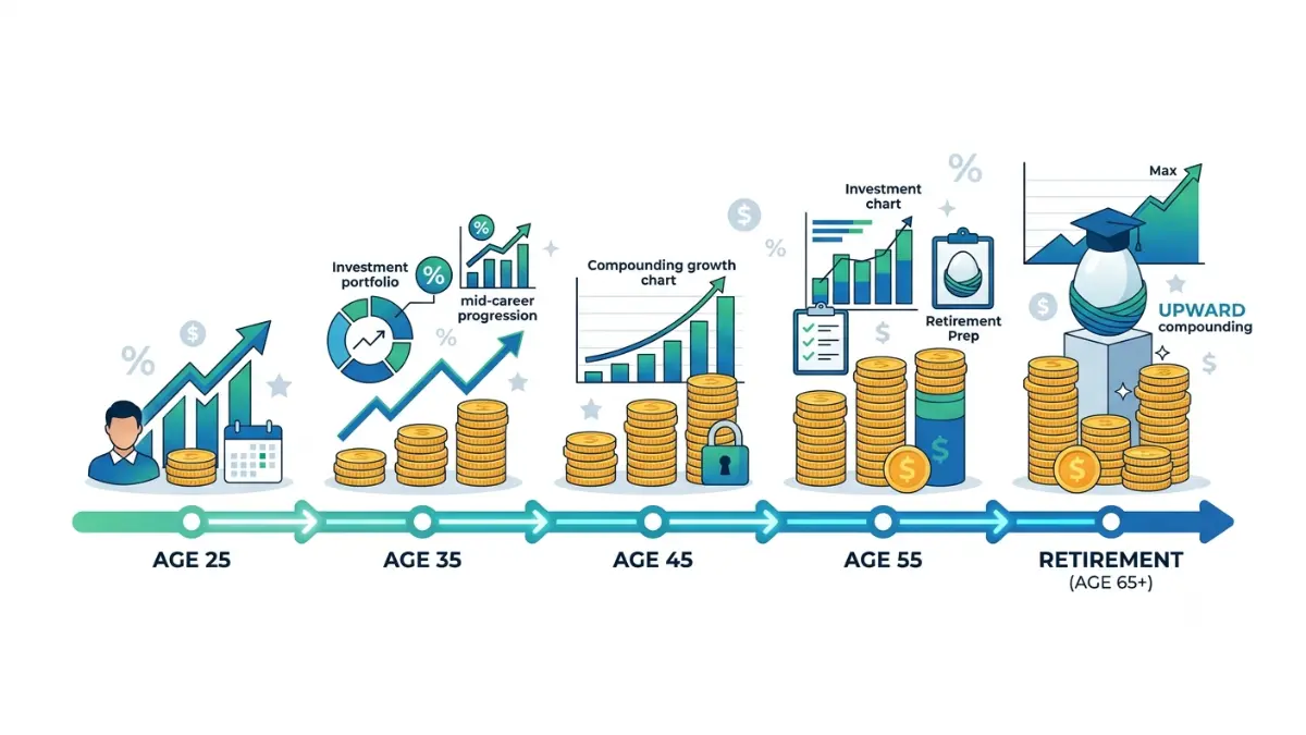 How Much to Contribute visual timeline illustrating retirement savings milestones by age, long-term investing, and compound growth on a white background.