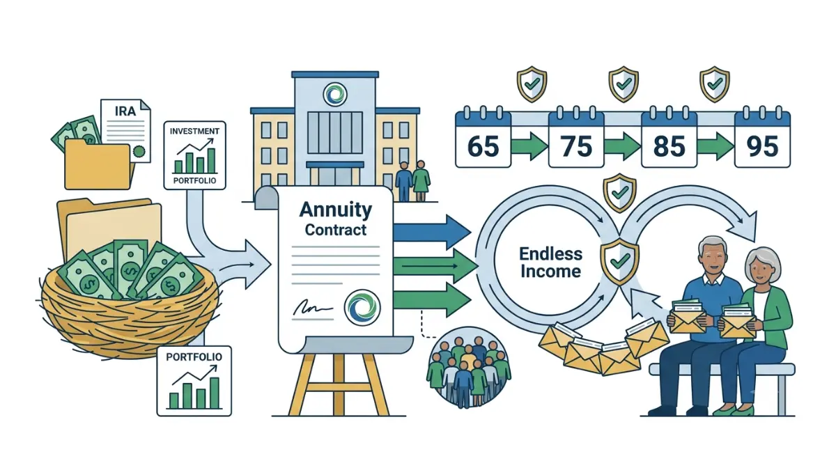Retirement Income diagram explaining how retirement savings flow into an annuity and generate guaranteed lifetime monthly payments.