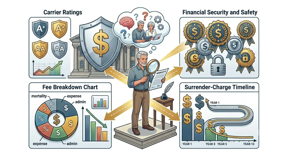 How to buy an annuity safely by reviewing insurer ratings, surrender charges, contract fees, and financial strength