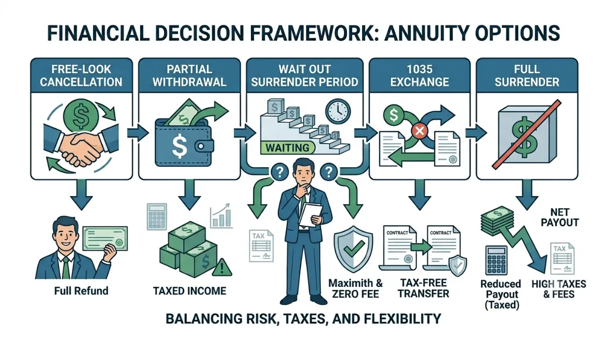 How to Get Out of an Annuity comparing free-look cancellation, partial withdrawals, waiting out surrender periods, 1035 exchanges, and full surrender