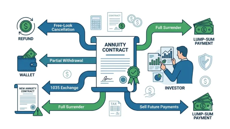 How to Get Out of an Annuity illustrated through annuity exit options including free-look cancellation, partial withdrawals, 1035 exchange, full surrender, and selling future payments