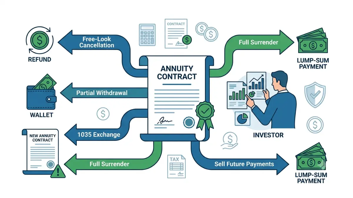 How to Get Out of an Annuity illustrated through annuity exit options including free-look cancellation, partial withdrawals, 1035 exchange, full surrender, and selling future payments