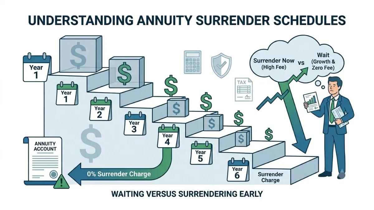 How to Get Out of an Annuity showing how surrender charges decline over time during an annuity surrender period