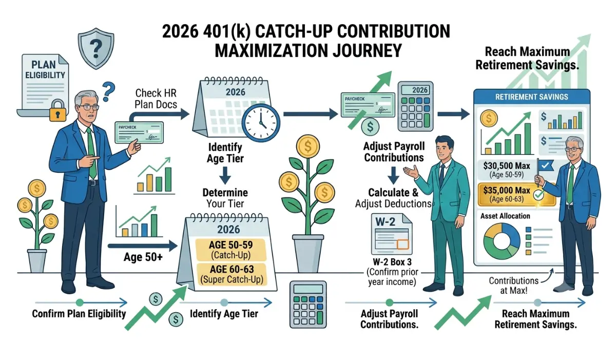401(k) Catch-Up contribution strategy showing the four steps to maximize retirement savings during 2026 in a vector workflow illustration