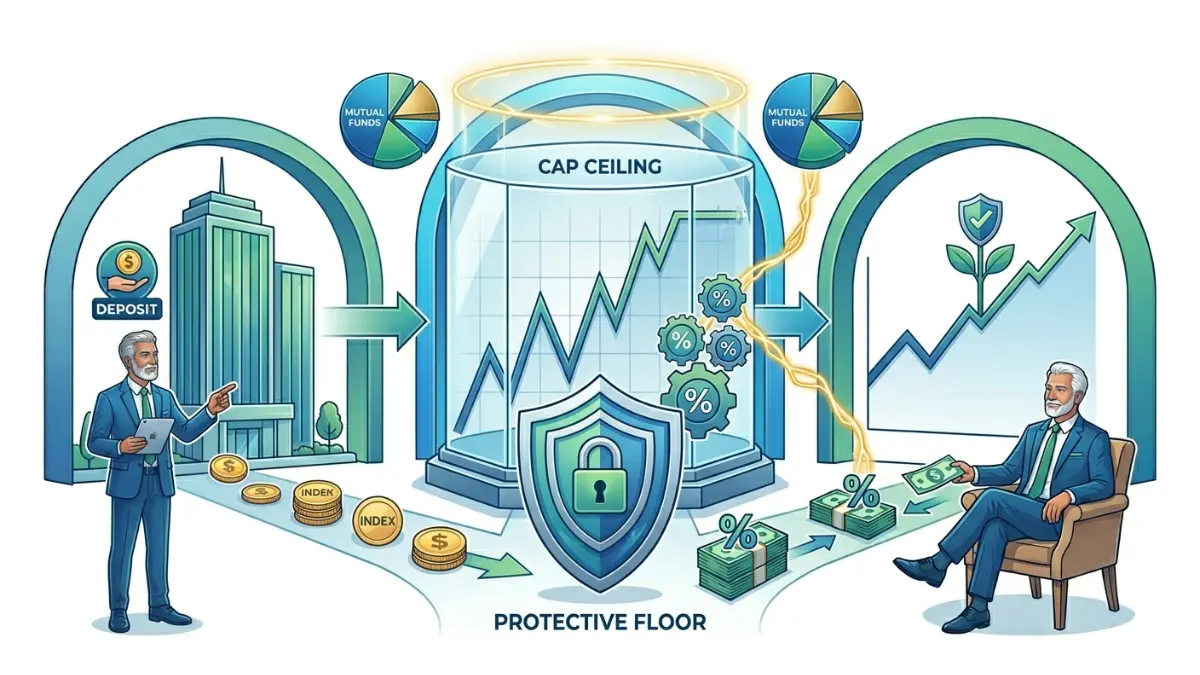 Types of annuities illustration showing indexed annuity growth potential with downside protection and capped returns