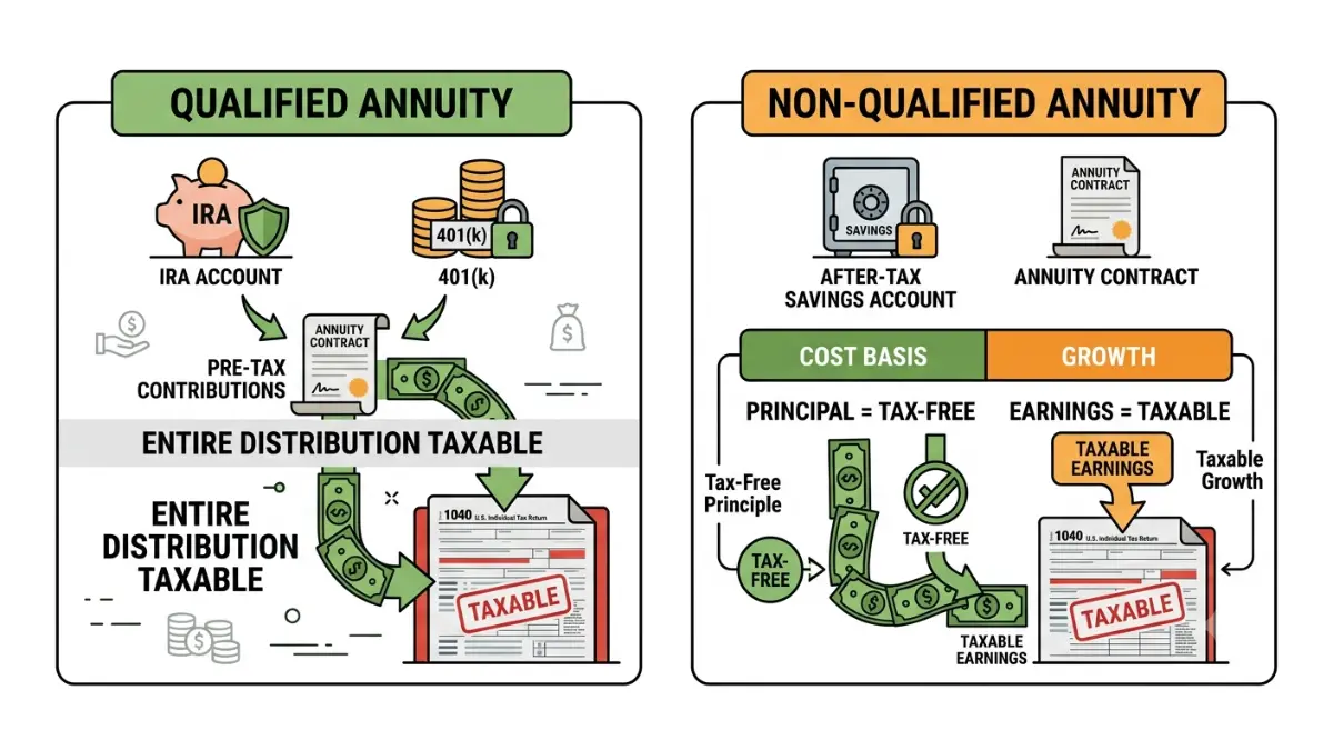 inherited annuity qualified vs non-qualified taxation comparison showing taxable distributions, cost basis, and taxable earnings