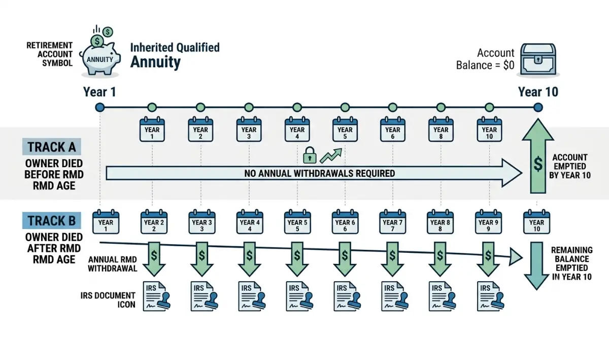inherited annuity SECURE Act 10-year rule timeline showing annual distributions, RMD requirements, and account depletion deadlines